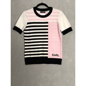 Karl Lagerfeld Paris Crew Neck Knit Top Stripe Short Sleeve Women's XS